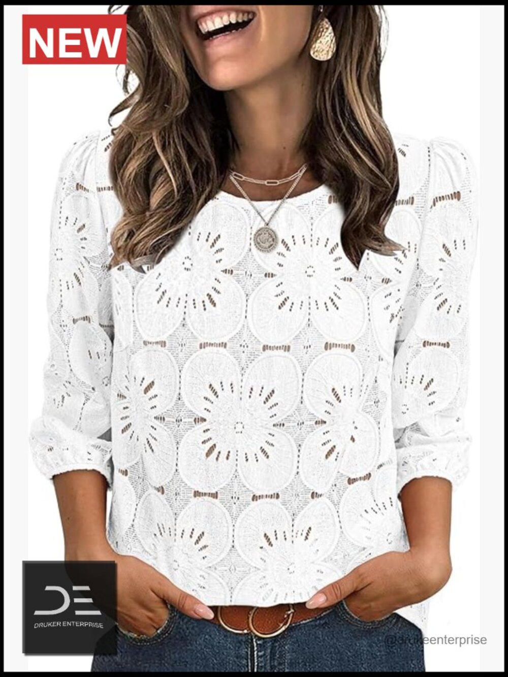 Eyelet Lace 3/4 Sleeve Blouse, Nylon Cotton Blend, Puff Sleeve Top